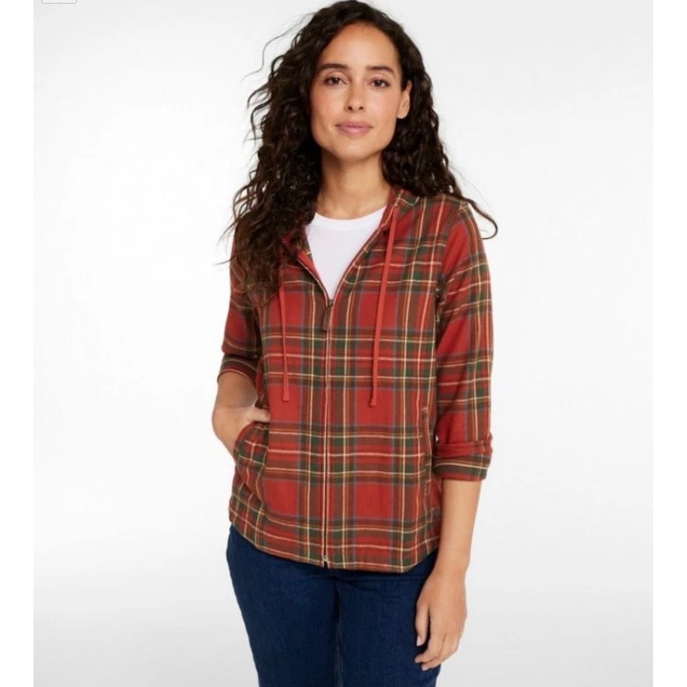LL‎ Bean Womens Red Plaid Flannel Full Zip Hoodie Relaxed Fit Cotton 502092 L